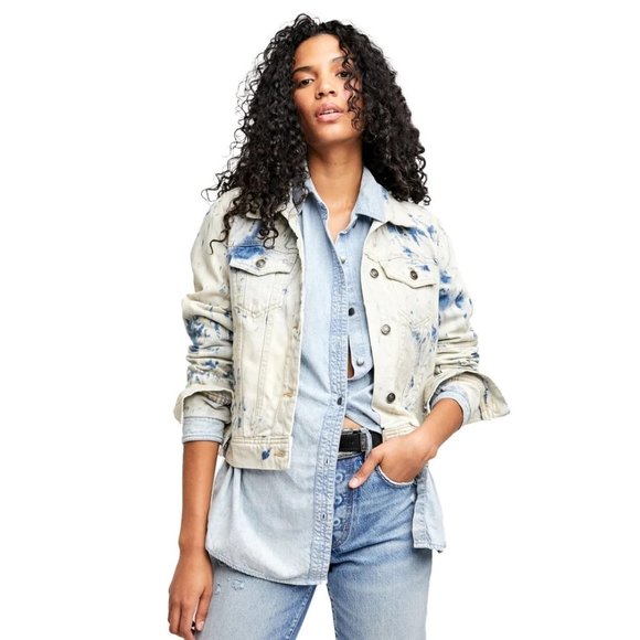 Free People Rumors Denim Jacket Jones Tie Dye Blue Sz: Large